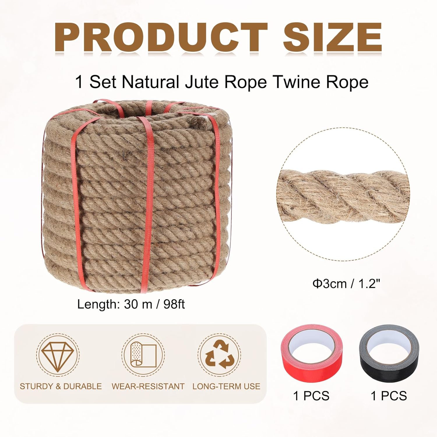 MECCANIXITY Jute Rope 1.2 Inch x 98ft, Thick Twine Rope Ropes Braided Jute Twine Natural Brown Burlap Cord String Heavy Twisted with Tapes for Decorative Crafts Railing Swing Tug of War-VerdiqueGarden