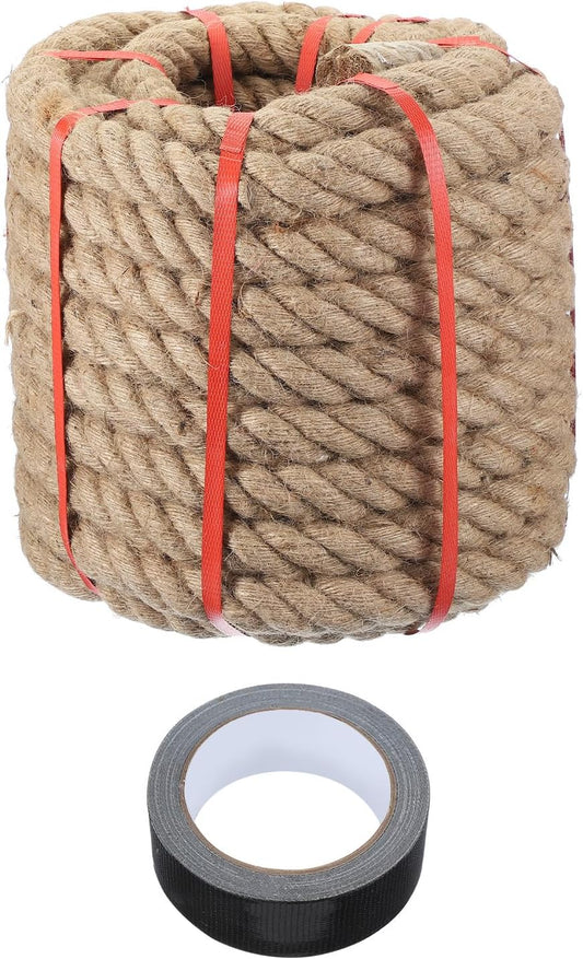 MECCANIXITY Jute Rope 20ft x 0.7 Inch, Thick Twine Rope Ropes Braided Jute Twine Natural Brown Burlap Cord String Heavy Twisted with Tape for Decorative Crafts Railing Swing Tug of War-VerdiqueGarden