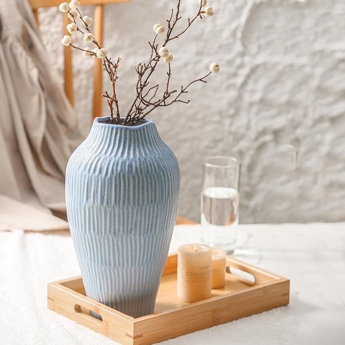 Ceramic Vase for Home Decor,11.6 Inch Flower Vases，Decorative Blue Vase for Pampas Grass，Modern Art Texture Vases for Home Entryway Living Room Dining Table Farmhouse Office Decor-Mat Blue-VerdiqueGarden
