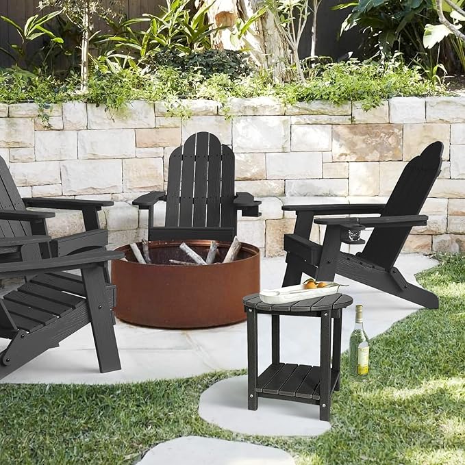 Adirondack Round Outdoor Side Table 2-Tier Storage Patio Side Table, HDPE End Tables for Backyard Pool Porch Garden Lawn (Black)-VerdiqueGarden