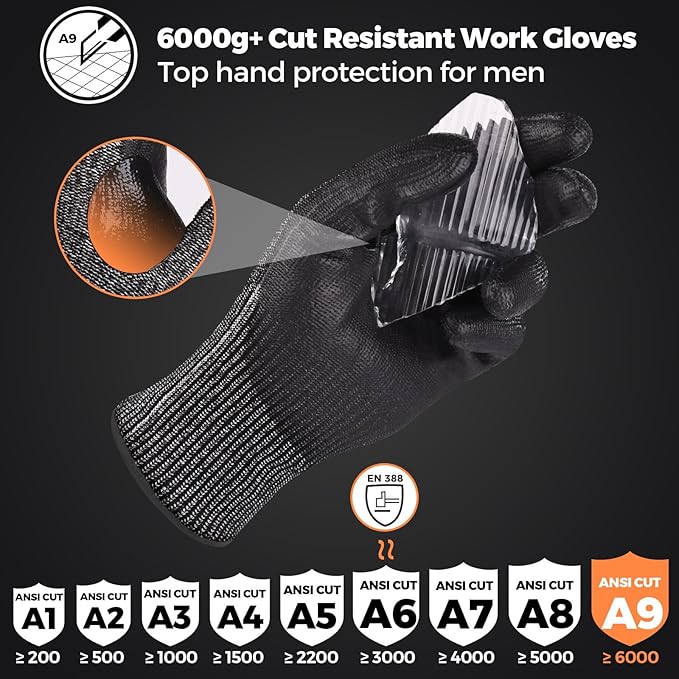 Donfri 3 Pairs A9 Cut Resistant Work Gloves for Men - Steel + HPPE Hybrid Safety Gloves for Men, ANSI Cut Level 9 Protection Flexible for Metal Glass Wood Construction Fishing-VerdiqueGarden