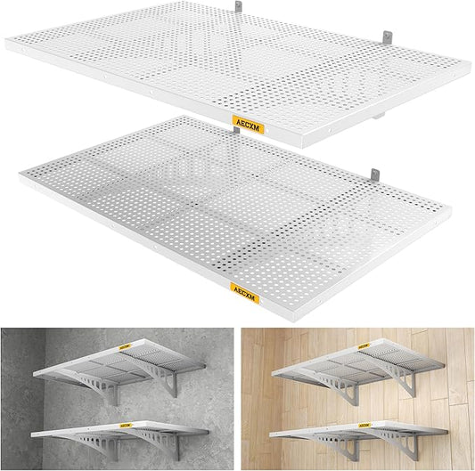 2-Pack 2x3ft Adjustable Garage Wall Shelving 560lbs Load Capacity Heavy Duty Wall Mounted Storage Shelf Metal Floating Shelves for Garage(White)-VerdiqueGarden