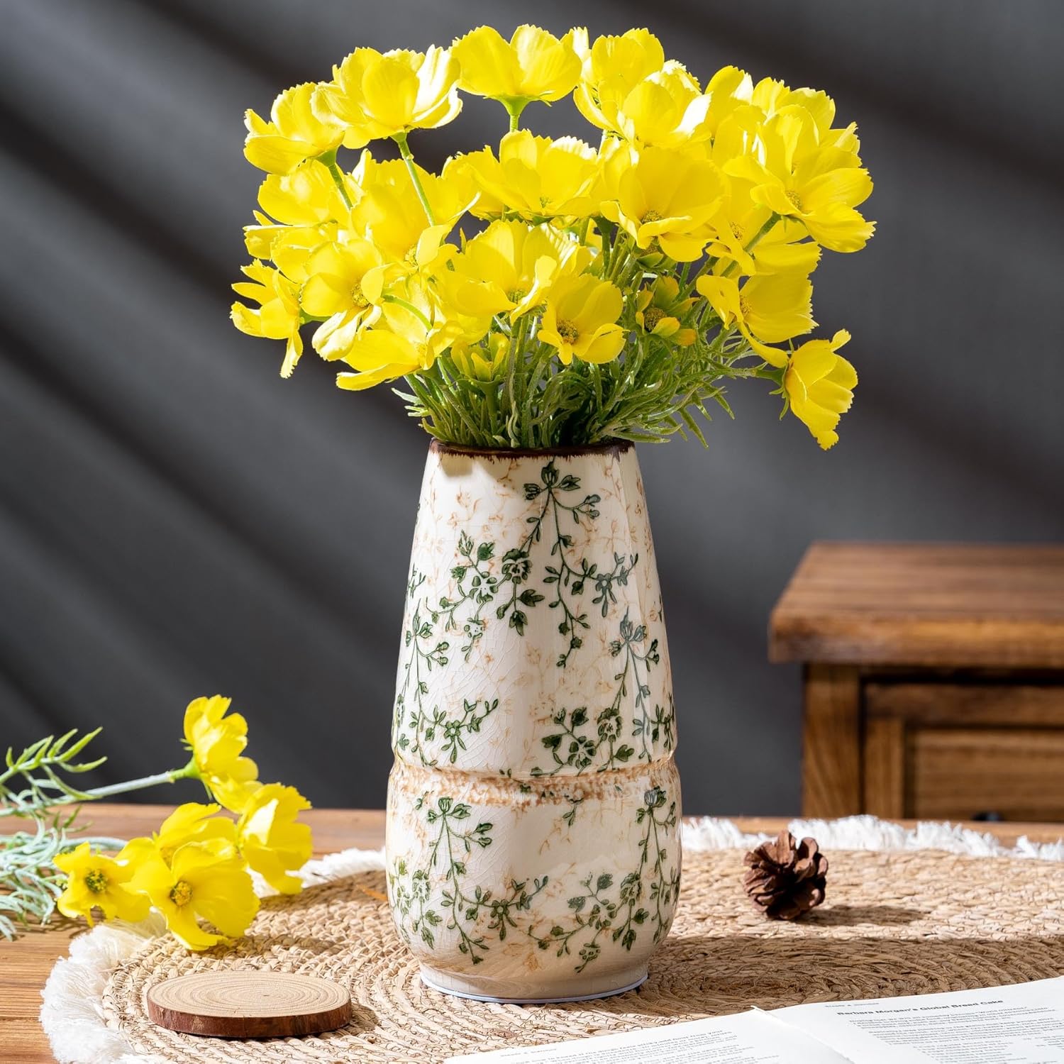 Vintage Green and Beige Vase, Large Round Ceramic Floral Vases, Retro Ice Cracked Chinoiserie Vase for Home Decor, Living Room, Bookshelf, Office, Bedroom and Shelf, Rustic Table Centerpiece 10 Inch-VerdiqueGarden