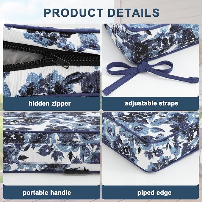 Favoyard Outdoor Chair Cushion 22 x 22 x 3 In Waterproof Pattern Fade Resistant Cushions for Patio Furniture with Removable Cover Attach Straps 28D Foam Insert Cushions Pads for Seat Sofa Couch 2 Pack-VerdiqueGarden