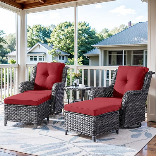 5 Pieces Patio Furniture Sets Wicker Outdoor Furniture, Rattan Patio Swivel Glider Chairs with 2 Ottoman and Glass Side Table-VerdiqueGarden