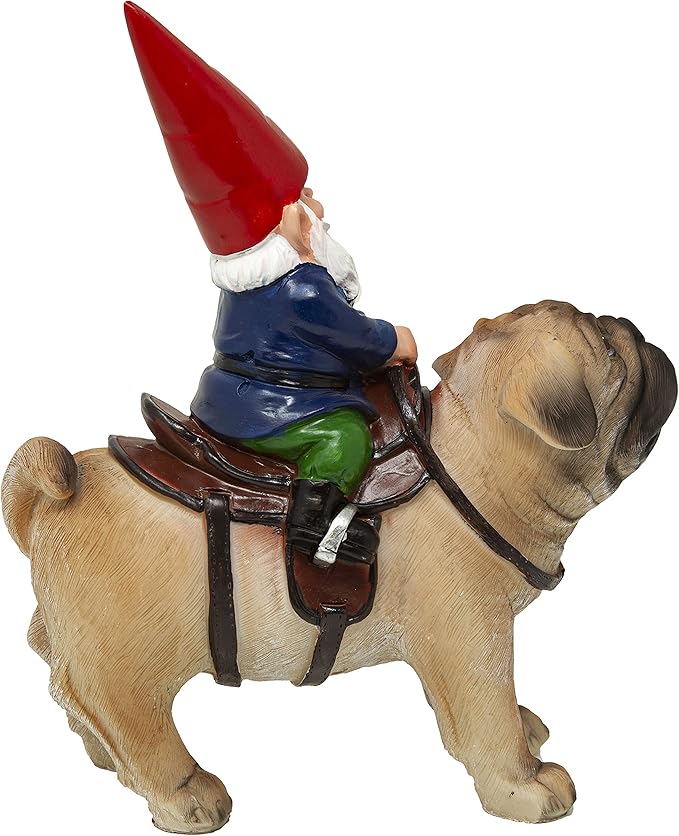 Funny Guy Mugs Garden Gnome Statue - Gnome Riding a Pug - Indoor/Outdoor Garden Gnome Sculpture for Patio, Yard or Lawn-VerdiqueGarden