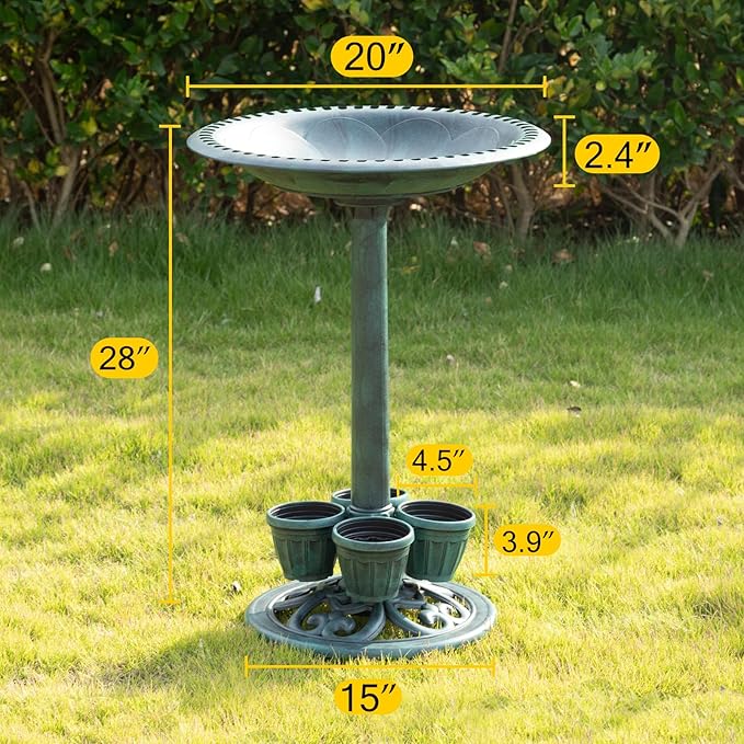 Bird Bath for Outside with 4 Removable Flower Planters 28in Polyresin Lightweight Vintage Birdbath Stake Standing Bowl and Water Feeder Yard Gardan Decor Green-VerdiqueGarden