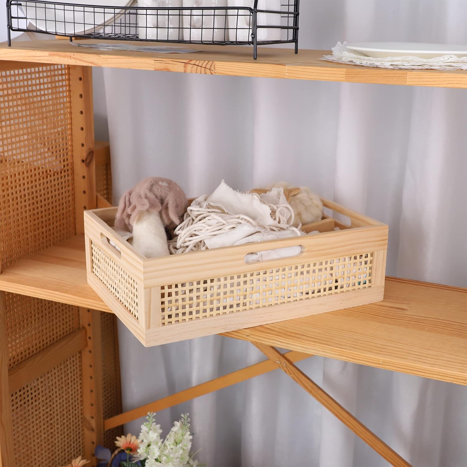 YRMT Wooden Baskets Shallow Wood Storage Basket Crate with Handles Decorative Storage Bins Organizer Rustic Farmhouse Countertop Basket for Shelves,Pantry,Kitchen-VerdiqueGarden