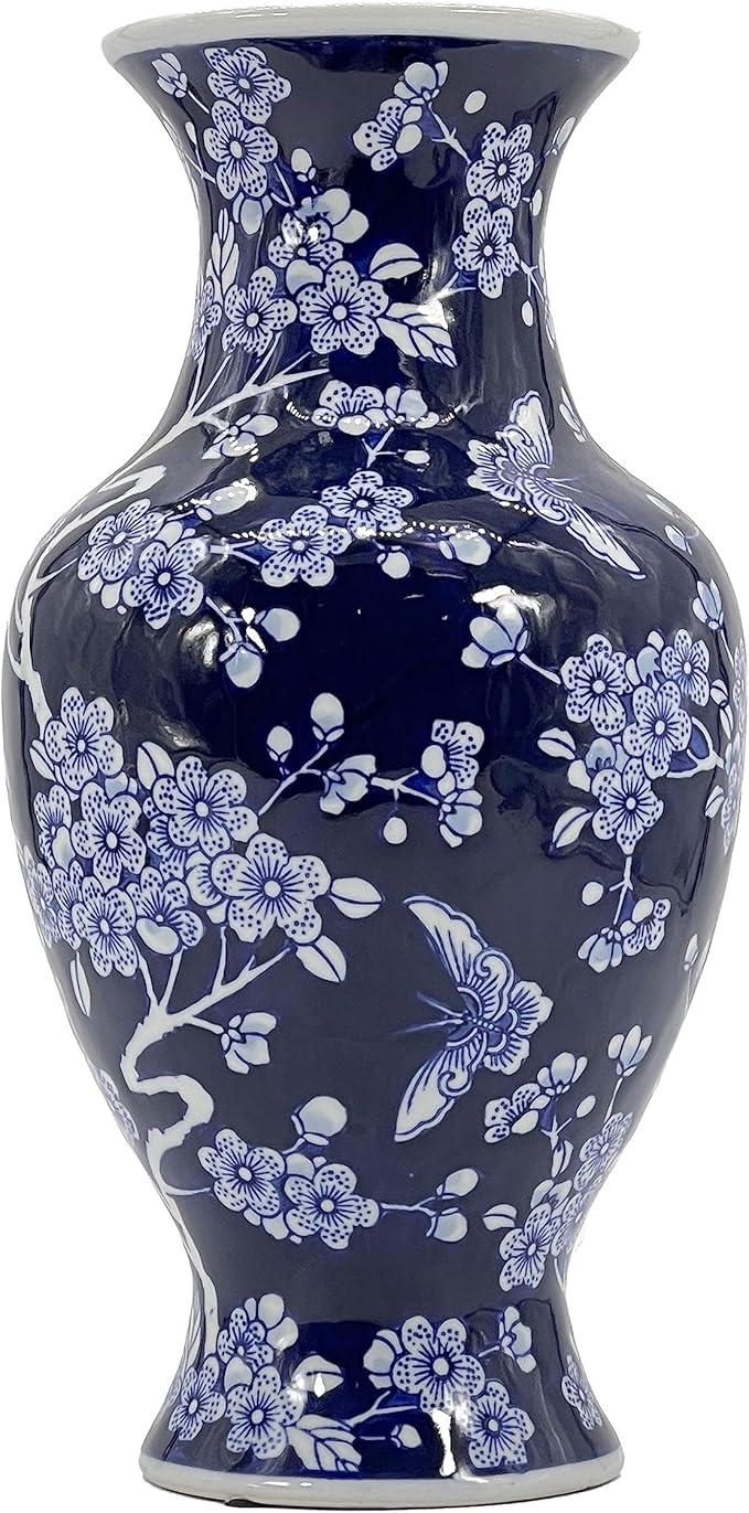 Galt International Dark Blue Floral Chinoiserie Ceramic Vase 14"- Hand Painted Antique Style Porcelain Butterfly & Flower Bottle Fishtail Porcelain Chinese Vase for Home Decor Centerpiece-VerdiqueGarden