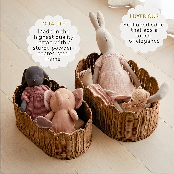 BEBE BASK Premium Scalloped Basket Set Of 2 - Scallop Basket - 16 x 10 x 7 Inch - Hand-Woven Elegant Wicker With Scalloped Edge - Nursery Storage (Mocca)-VerdiqueGarden