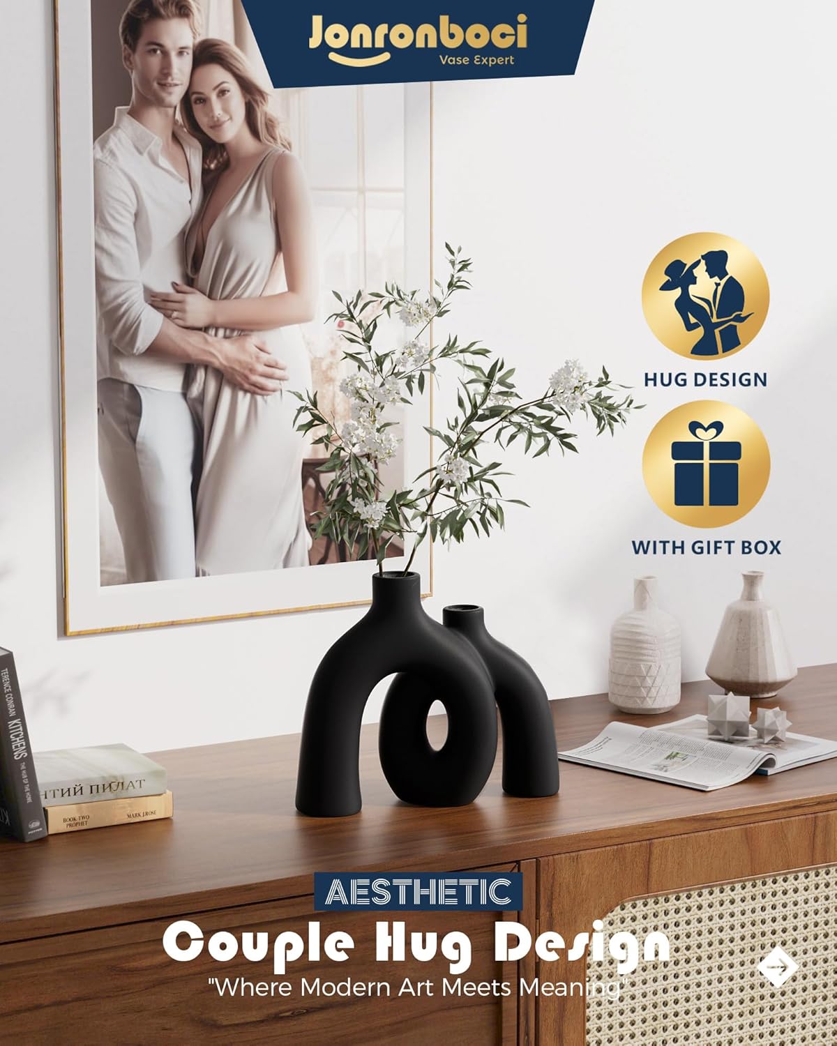 Matte Black Vase Set - Hug Hollow Donut Aesthetic Ceramic Vases Home Decor, Modern Nordic Minimalist Decorative Vase for Table Centerpiece Bookshelf Office Entryway Console Fireplace (Black)-VerdiqueGarden