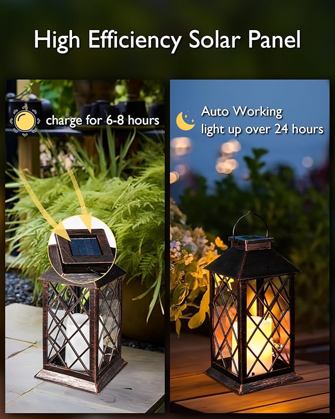 Homemory Solar Lanterns Outdoor Waterproof Hanging with Flickering Flameless Candles, 2 Pack 13'' Garden Outdoor Lantern Decorative for Patio Front Porch Backyard Balcony Cabin Outside(Antique Copper)-VerdiqueGarden