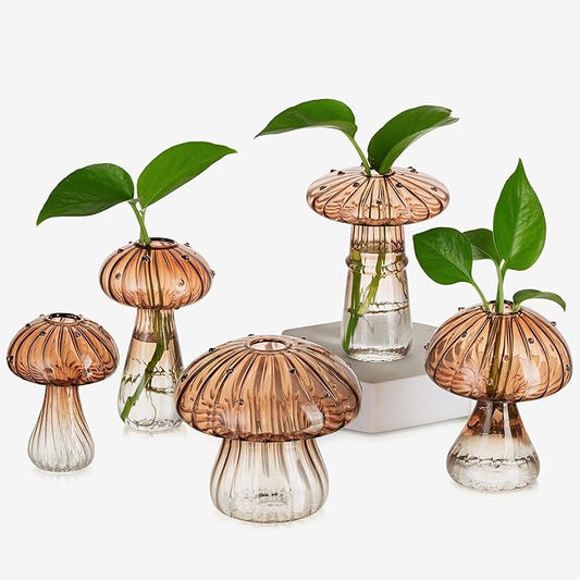 Glasseam Mushroom Plant Propagation Stations: Amber Glass Terrarium Jar Set of 5 Cute Planters for Indoor Plants Mini Propagate Station Unique Christmas Birthday Gifts for Women Home Office Decor-VerdiqueGarden