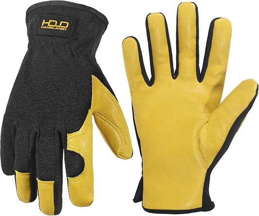 HANDLANDY Leather Work Gloves for Men & Women, Reinforced Durable Garden Gloves, Cowhide Working Glove for Gardening-VerdiqueGarden