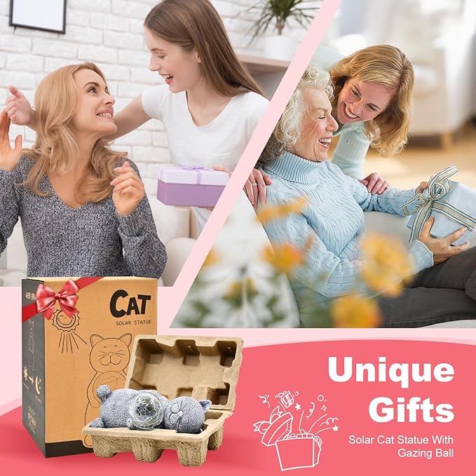 Solar Cat Statue - Garden Decor with LED Lights, Perfect for Mom or Grandma (Gray Cat)-VerdiqueGarden