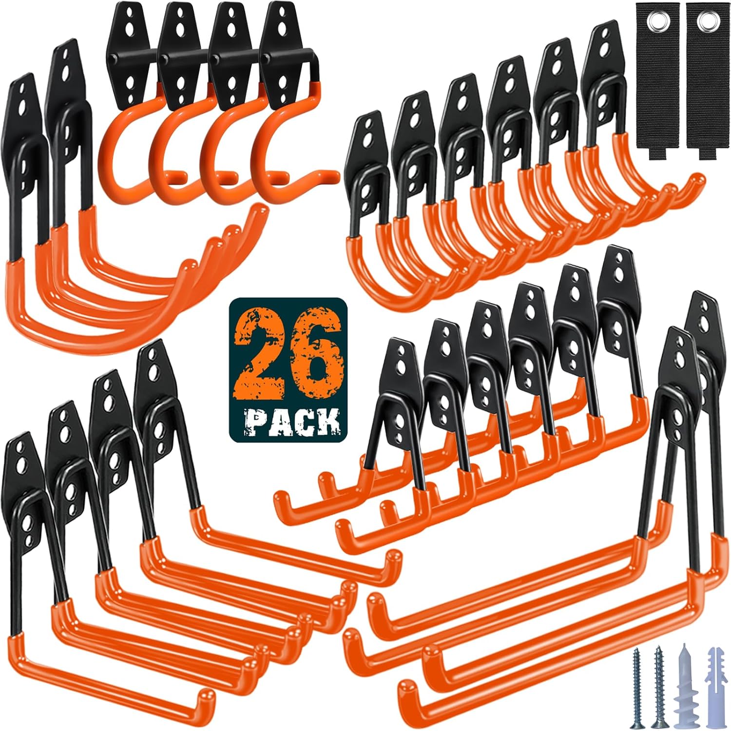 26 Pack Garage Hooks Heavy Duty Utility Steel with Anti-Slip Coating Wall Mount Storage Organizer for Hanging Power and Garden Tools, Ladders, Hose, Bikes, Ropes, Bulk Items, and More-VerdiqueGarden