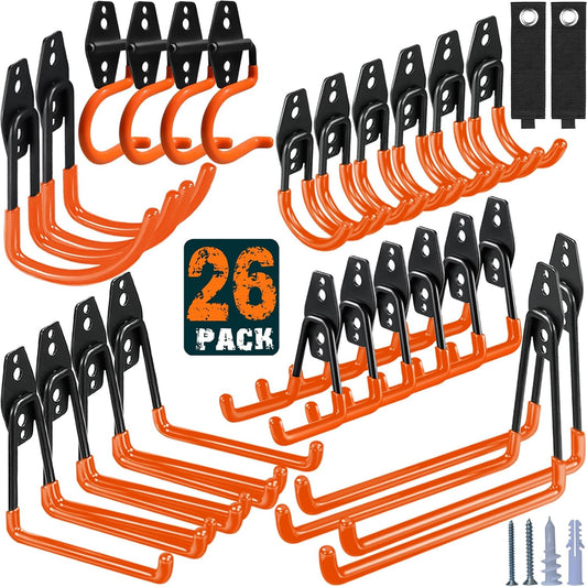 26 Pack Garage Hooks Heavy Duty Utility Steel with Anti-Slip Coating Wall Mount Storage Organizer for Hanging Power and Garden Tools, Ladders, Hose, Bikes, Ropes, Bulk Items, and More-VerdiqueGarden