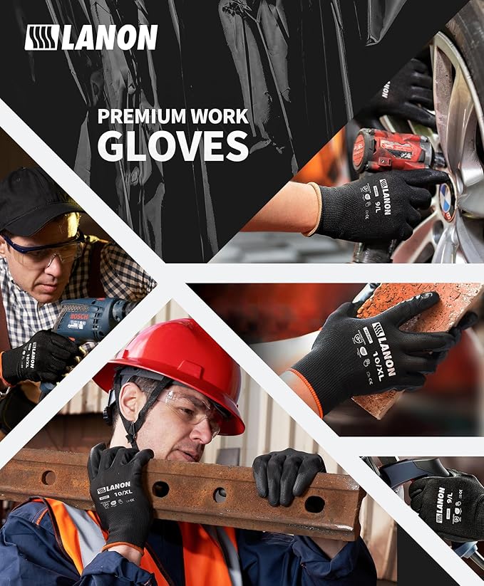 LANON Safety Work Gloves for Men and Women, 18 Pairs Mechanic Black Working Gloves with Grip Odorless PU Coated, Seamless Knit, Full Fingertip Touchscreen for Light Duty Working Gloves, Large-VerdiqueGarden