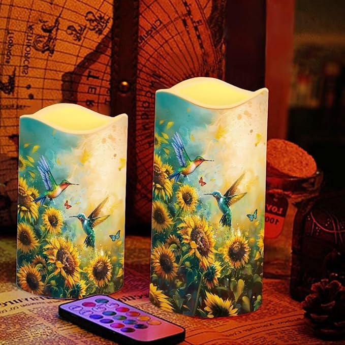 Ystardream Art Sunflower Hummingbird Flameless Candles for Outdoor Indoor Color Changing LED Candles with Remote Timer Battery Operated Candles for Valentines Wedding Home Decoration Gifts-VerdiqueGarden