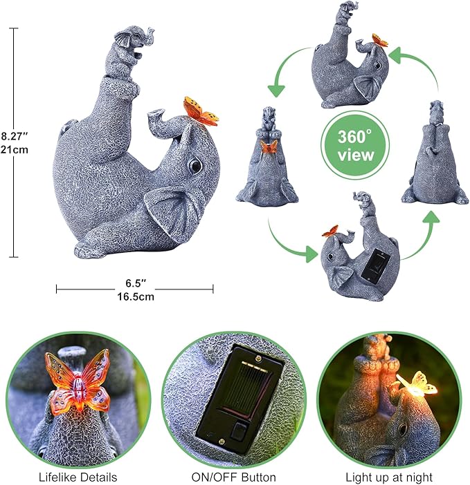 Solar Elephant Statues for Garden Decor - Elephant Handstand Mother&Son Solar Statue with Solar Butterfly,Best Birthday Gifts for Mom,Women-VerdiqueGarden