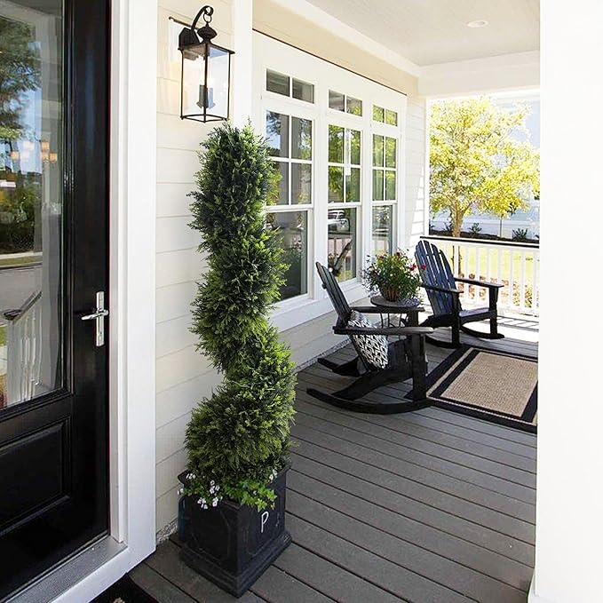 39 inchBoxwood Artificial Cedar Spiral Topiary Trees – Decorative Fake Greenery in Planter Pots for Front Porch, Outdoor Walkway, Entryway Decorating, Set of 2-VerdiqueGarden