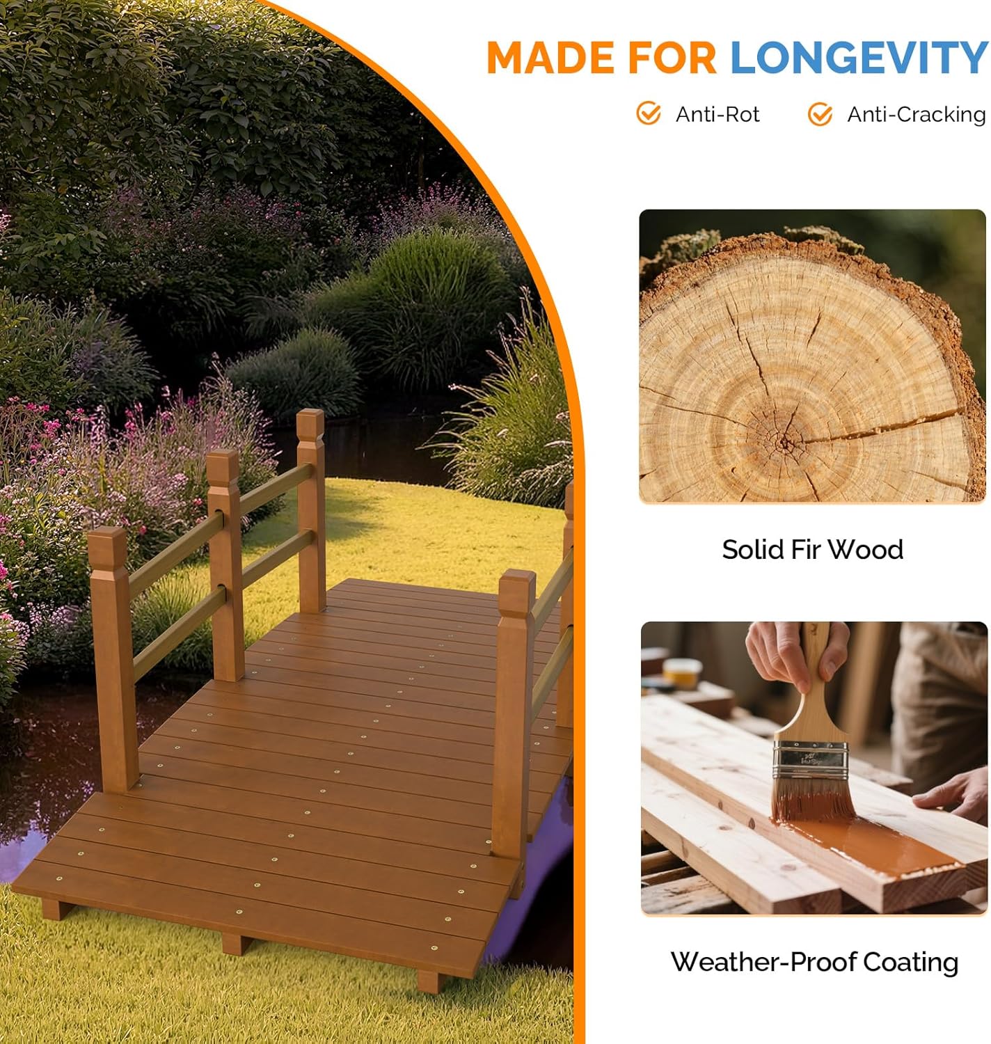 VINGLI Garden Bridge, Classic Wooden Arch with Safety Rails Footbridge (Brown, 5 ft)-VerdiqueGarden