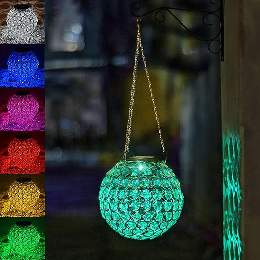 Solar Lantern Hanging Outdoor Christmas Decorative, Dual LEDs Dia 7.5‘’ Color Changing and Cool White Crystal Globe Hanging Lights Waterproof with S Hooks Decor in Garden, Pathway, Front Door-Clear-VerdiqueGarden