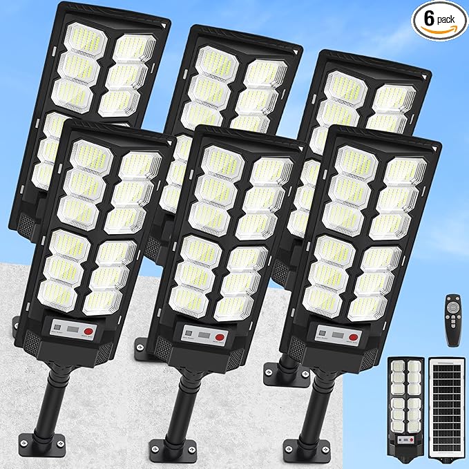 Solar Lights Outdoor Waterproof, 6500K 13000LM LED Dusk to Dawn Solar Street Light, Solar-Powered Flood Lights with Motion Sensor and Remote Control, Solares Parking Lot Light for Yard Walkway, 6-Pack-VerdiqueGarden
