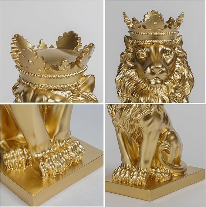 Gold Room Décor Lion Statue – 15 Inch Gold Statue Lion Figurine House Decorations with Crown Lion Statues Home Décor Lion Decoration Décor for Living Room Gold Décor 8.5 * 5.5 * 15 Inch-VerdiqueGarden
