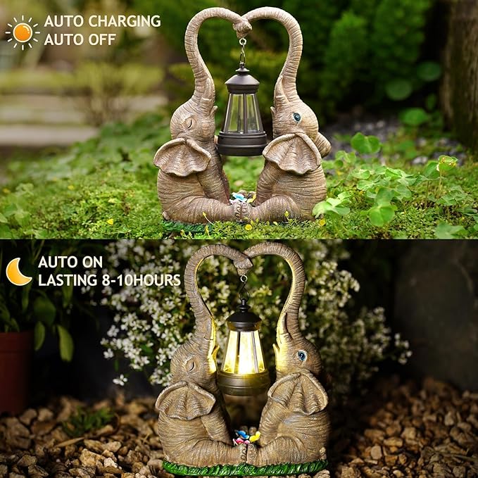 Elephant Statue Easter Garden Decor with LED Solar Lights-Set of 2 Good Luck Elephant Outdoor Statue Christmas Decorations for Yard Patio,Porch,Home -Mothers Day Gifts for Women, Mom, Grandma-VerdiqueGarden