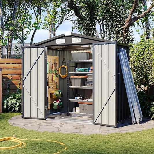 Aoxun 6'x4' Outdoor Storage Shed with Base Galvanized Steel Metal Garden Shed for Patio, Lawn & Garden Black, 6' x 4'W/Base-VerdiqueGarden