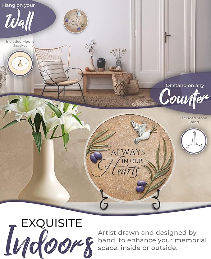 10-Inch Garden Memorial Stone with Included Plaque Stand & Sympathy Card, Memorial Plaques for Outdoors with Peace Dove Amongst Olive Branches, Memorial Stepping Stone for Loss of Loved One-VerdiqueGarden