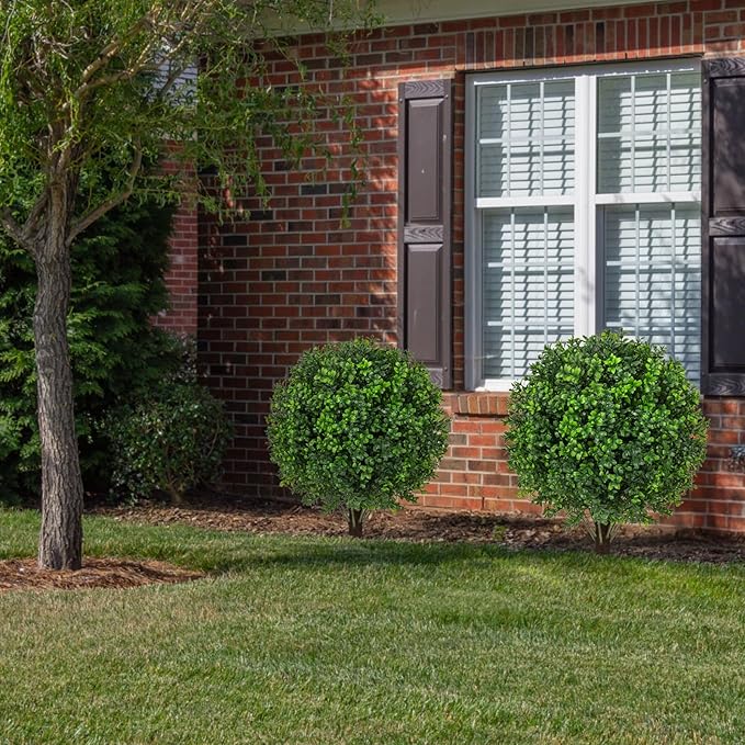 22" Artificial Boxwood Topiary Ball Trees with Ground Spike Set of 2 - UV Resistant Faux Green Shrubs & Bushes Potted Plants for Outdoor Indoor Front Porch Garden-VerdiqueGarden