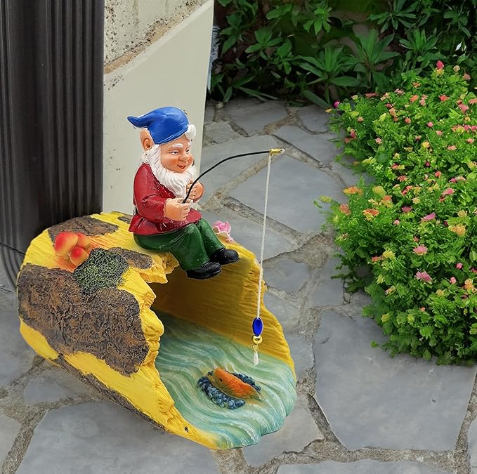 Gnome Fishing 3" x 4" Gutter Downspout Splash Block Decor, Outdoor Garden Animal Statue & Sculpture, Weather-Resistant Gutter Diverter Rain, Decorative Gutter Extension Downspout Ornament-VerdiqueGarden