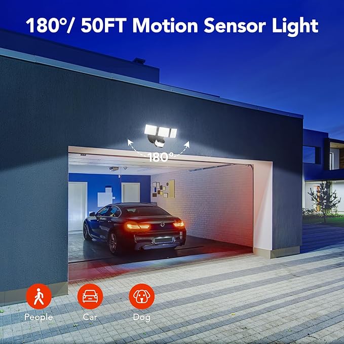 OREiN 4500LM/30W Flood Lights Outdoor, 180°/50FT Motion Sensor Outdoor Lights 3 Modes Dusk to Dawn IP65 Waterproof LED Security Light for 4500SQ.FT Area for Yard Garden, Black (Hardwired)-VerdiqueGarden