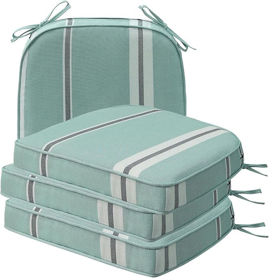 Round Corner Seat Cushions, 17" x 16" x 2", Set of 4, Indoor Outdoor Water Repellent Universal Chair Pads with Ties for Patio Furniture, Garden Deck Dining Chairs, Aqua Stripe-VerdiqueGarden