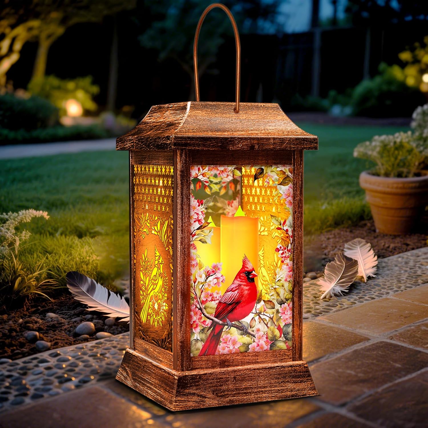 Cardinal Solar Lanterns Outdoor Hanging Lanterns, Metal Glass Garden Decor Solar Lights, Gifts for Women Mom Birthday Grandma Mothers Day, Waterproof Decorative Lantern for Outside Patio Yard-VerdiqueGarden
