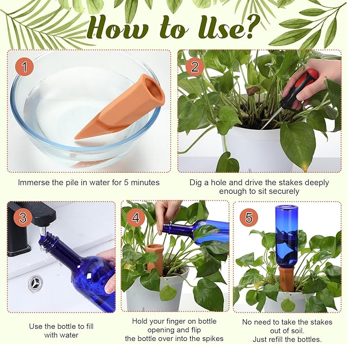12 Pack Plant Watering Devices Include 6 Terracotta Self Watering Spikes and 6 Pcs 26 oz Plastic Bottles, Slow Release Vacation Insert Automatic Plant Waterer Device (Blue)-VerdiqueGarden