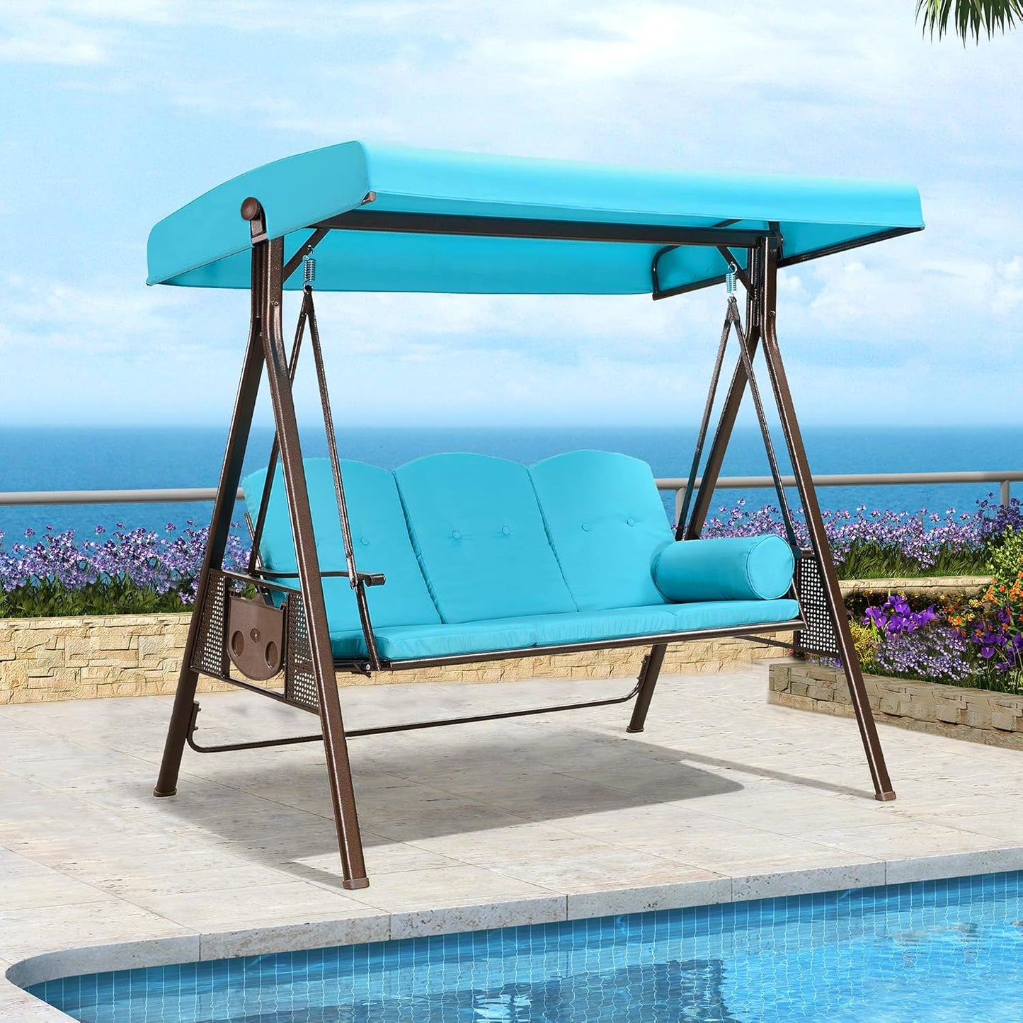 PURPLE LEAF 3-Seat Deluxe Outdoor Patio Porch Swing with Weather Resistant Steel Frame, Adjustable Tilt Canopy, Cushions and Pillow Included, Turquoise Blue-VerdiqueGarden