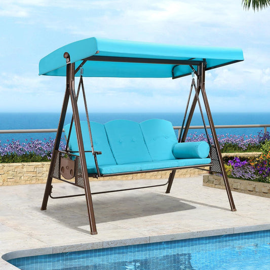PURPLE LEAF 3-Seat Deluxe Outdoor Patio Porch Swing with Weather Resistant Steel Frame, Adjustable Tilt Canopy, Cushions and Pillow Included, Turquoise Blue-VerdiqueGarden