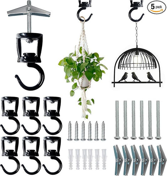 Ceiling Hooks for Hanging Plants (6 PCS Black),Heavy Duty Metal Plant Hooks, Screw in Hooks for Hanging Birdfeeders, Lamps, Planters, Outdoor Decorative Hooks up to 33 lbs-VerdiqueGarden