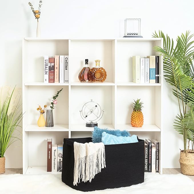 MINTWOOD Design 22in Extra Large Blanket Basket Holder Living Room, Rectangle Rope Woven Storage Basket with Handles for Laundry, Pool Towels, and Shoes, Dog Toy Organizer Bin Box, Full Black-VerdiqueGarden