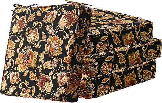 Square Corner Seat Cushions, 19" x 19" x 3", Set of 4, Indoor Outdoor Water Repellent Universal Chair Pads with Ties for Patio Furniture, Garden Deck Dining Chairs, Red Yellow Vine Flower-VerdiqueGarden