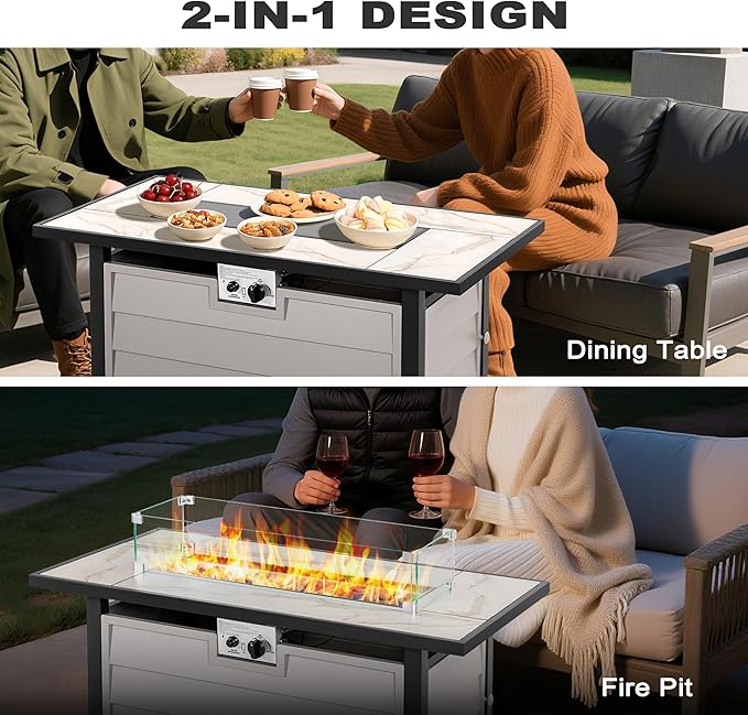 Nuu Garden 43'' Patio Propane Fire Pit Table, 50,000 BTU Gas Fire Pit with Marble-Textured Glass Top, Wind Guard, Lid, Glass Beads, CSA-Certified, 2-in-1 Outdoor Table for Gatherings, Ivory White-VerdiqueGarden