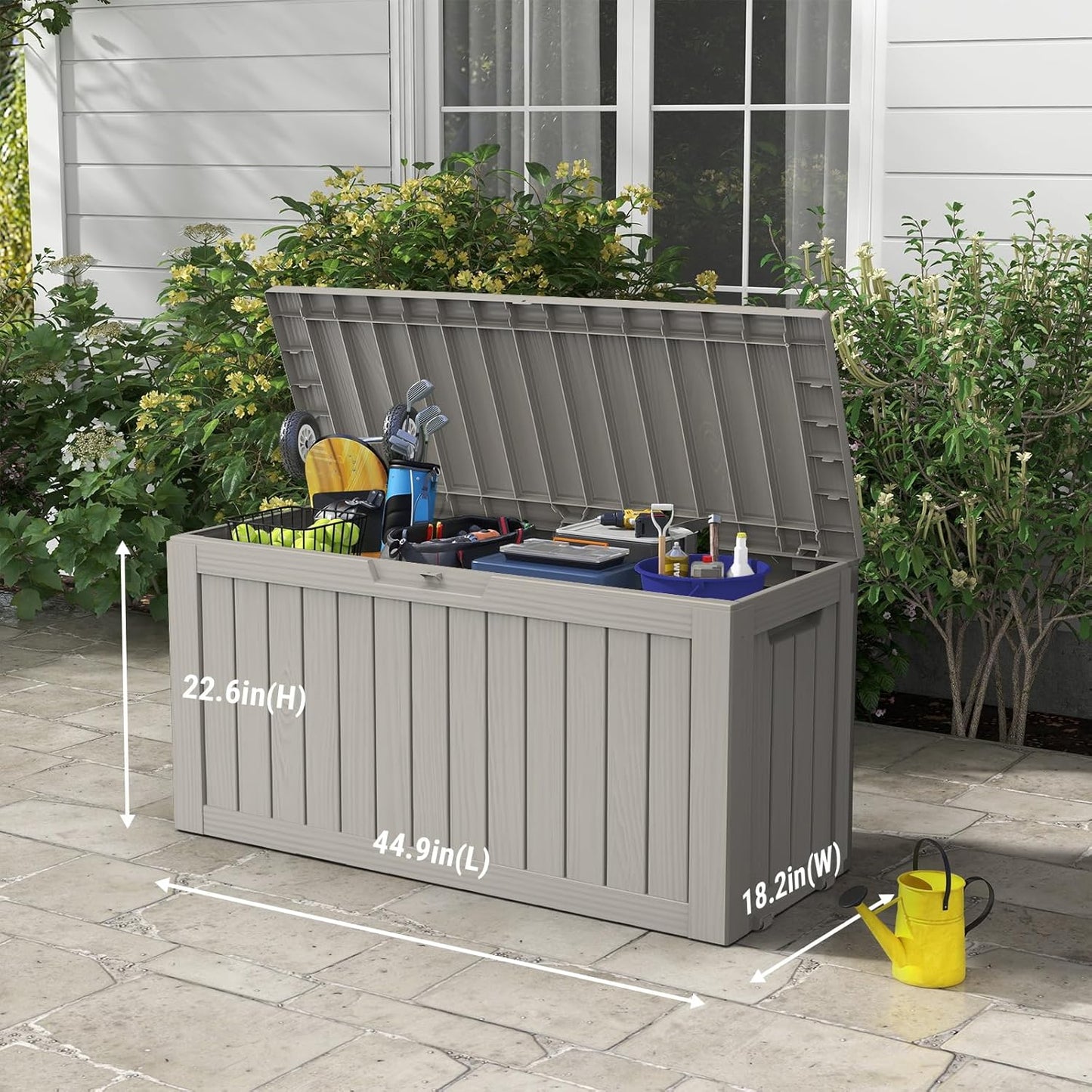 Mars Villa 72 Gallon Deck Box, Outdoor Storage Box Waterproof, Outside Resin Storage Bin for Patio Furniture Cushions, Pool Supplies, Garden Tools, UV-Resistant and Weatherproof, with 4 Wheels, Greige-VerdiqueGarden