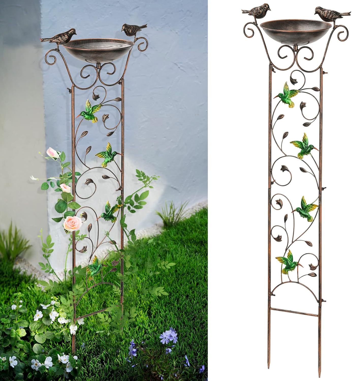 SUNNYPARK Antique Garden Iron Trellis with Decorative Hummingbirds Detachable Bird Bath Bowl Metal Potted Plant Support for Climbing Flowers-VerdiqueGarden