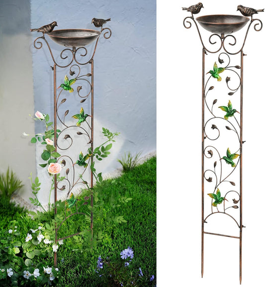 SUNNYPARK Antique Garden Iron Trellis with Decorative Hummingbirds Detachable Bird Bath Bowl Metal Potted Plant Support for Climbing Flowers-VerdiqueGarden