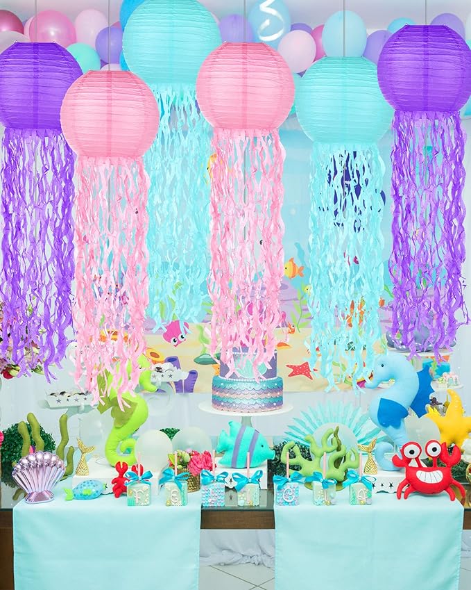 18 Pcs Jellyfish Paper Lanterns Mermaid Birthday Decorations Hanging Lantern Lamps for Ocean Theme Decor Under The Sea Party Supplies-VerdiqueGarden