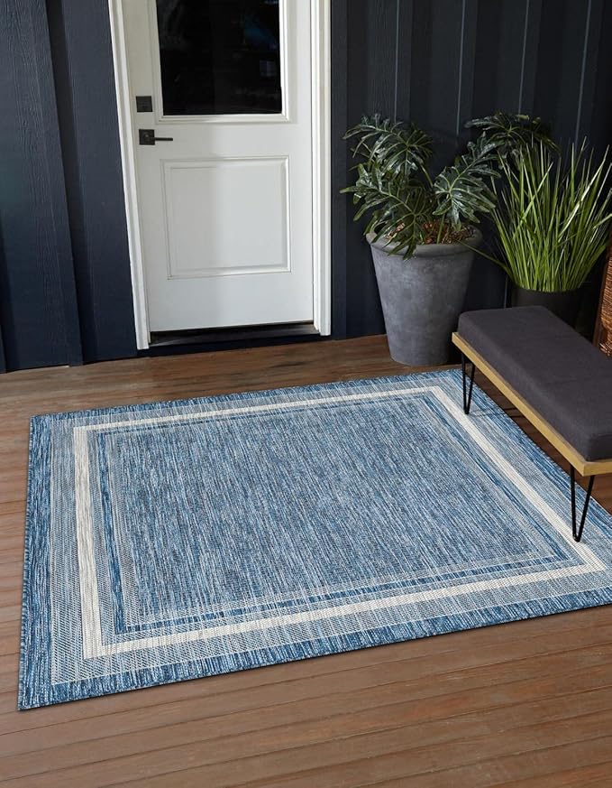 Unique Loom Outdoor Border Collection Area Rug - Soft Border (10' Square Blue/Ivory)-VerdiqueGarden