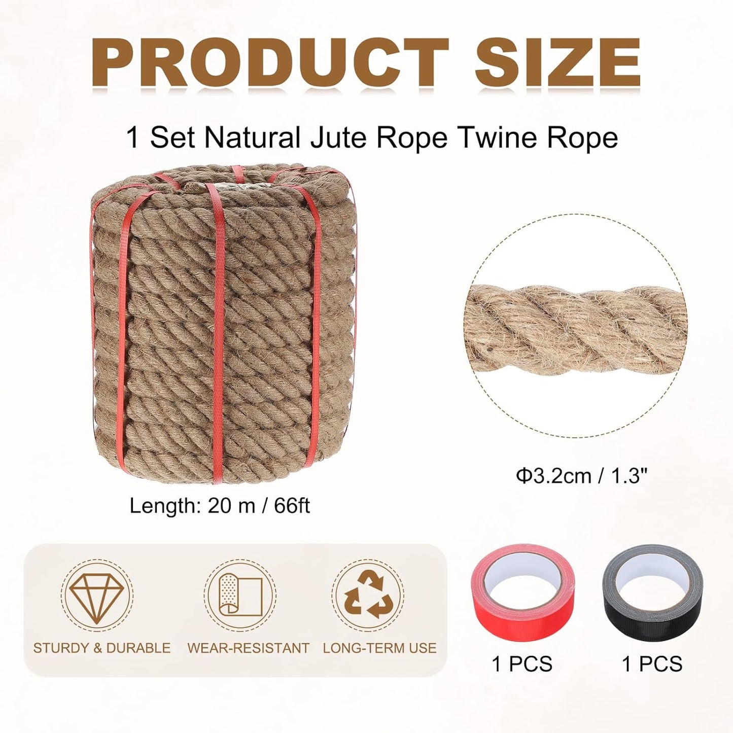MECCANIXITY Jute Rope 1.3 Inch x 66ft, Thick Twine Rope Ropes Braided Jute Twine Natural Brown Burlap Cord String Heavy Twisted with Tapes for Decorative Crafts Railing Swing Tug of War-VerdiqueGarden